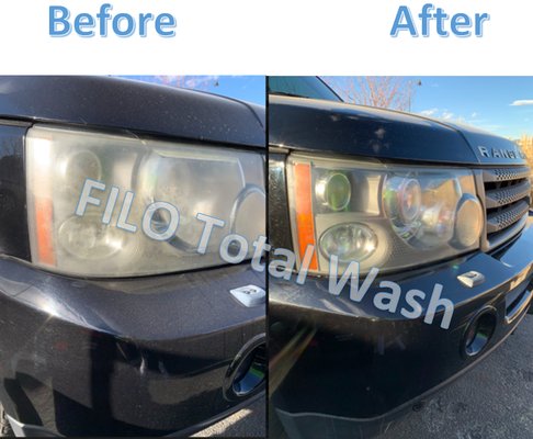 Before & After Photo of a Headlight Restoration.