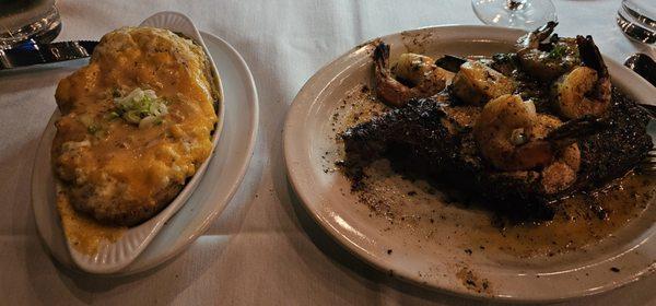 Crawfish baked potato and cowboy steak