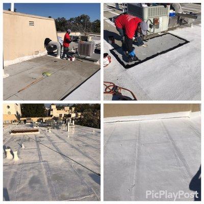 Roof leaks let's repair and apply top coat of membrane