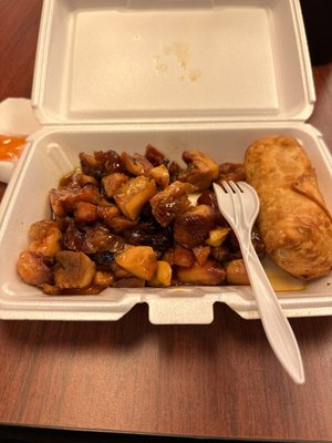 Bourbon Chicken with a Pork Egg Roll