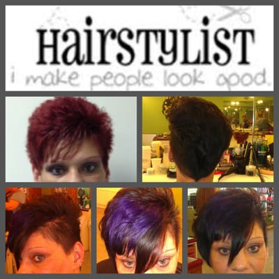 Asymmetrical cut, color with purple in front ! By Michelle @ the main st barbershop !