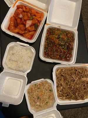 Sweet and Sour chicken, Pork Egg Foo Young, Chicken low mein, ham fried rice, steamed white rice