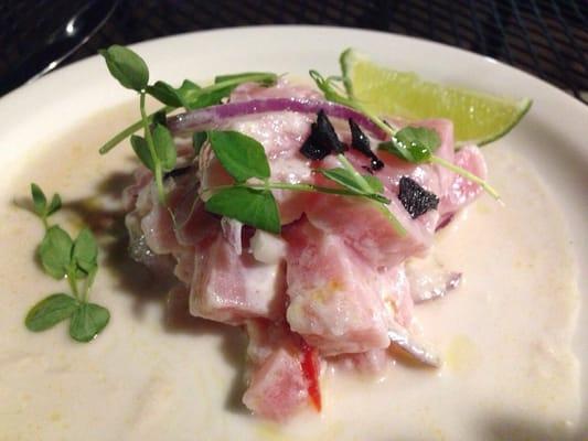 Ceviche de Atun: Coconut milk + Serrano chili + Ginger + Cilantro + Lime Wedgw