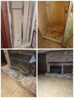 Before and after a shower and a fireplace.