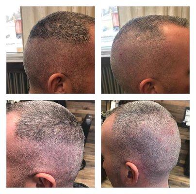 The pics on the left done by a barber who didn't know how to skin fade. The pics on the right done by OUR barber Jessica