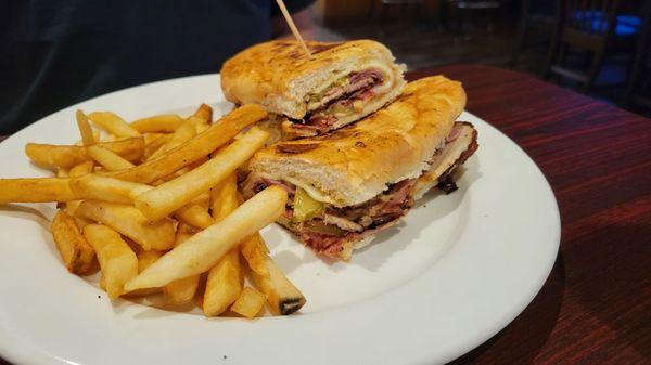 Cuban Sandwich w fries & spicy mustard (not pictured) $13.50. Sandwich had 1 thin slice of each ingredient sp it was mostly bread