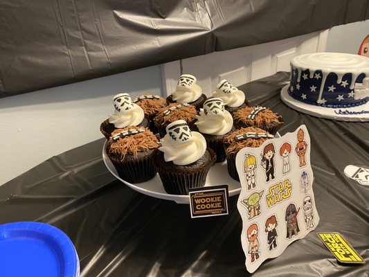 Our storm trooper and Chewbacca cupcakes chocolate with vanilla frosting were so good !!