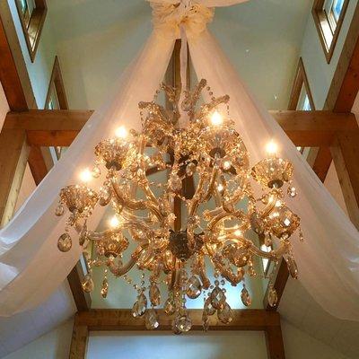 Not sure how to hang a chandelier at your wedding? Let Ron Sanford Productions and some steel, aircraft cable figure that out for you!