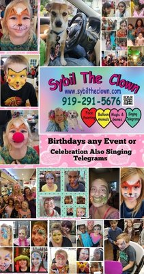 Sybil the Clown Face Painting Balloon Animals Games Magic Nails Painted and Prizes for the Kids also Singing Telegrams