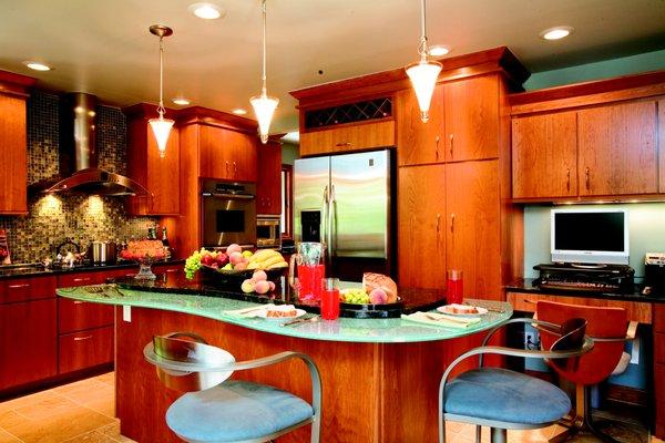 Contemporary kitchen with medium stain finish