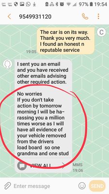 Captain Mark threatening continued harassment/ claiming to impede on my car's transport