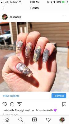 Money nails with gold flake incapsulated  inside this acrylic set.