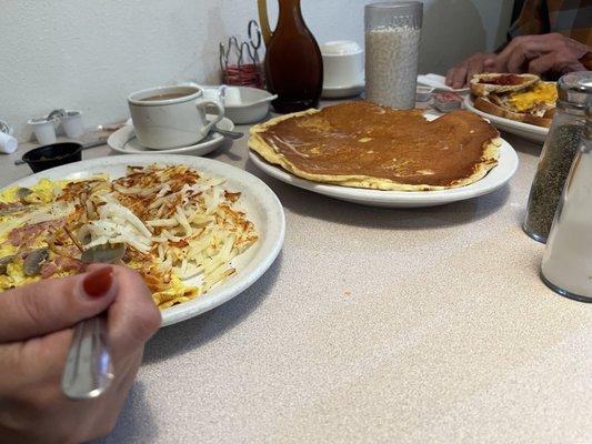 Ham & cheese omelette with a big pancake