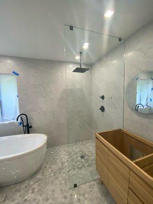 Spa Master Bath Remodel - not finished yet, but this is the glass panel Albert installed. It's gorgeous!