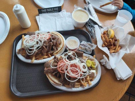 Gyro platter, breaded eggplants and lemon soup with rice.