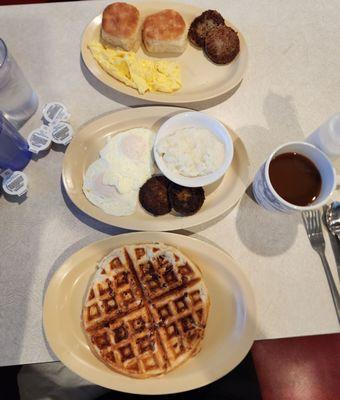 Pecan Waffle, eggs, grits, sausage and delish biscuits