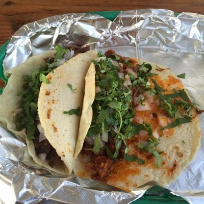 Fajita and pastor tacos on the incredible homemade corn tortillas.