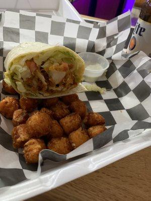 Buffalo chicken wrap with sweet potato tots