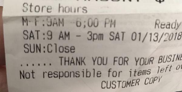 Store hours on receipt says: