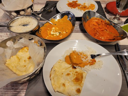 Butter chicken, malaaik kofta, rice, naan