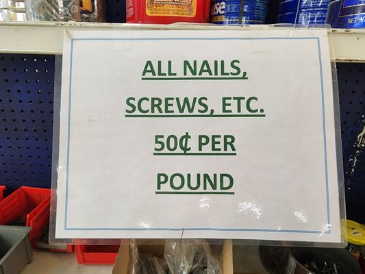 Supplies like nails and drawer pulls are extremely affordable here