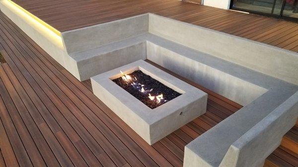 Fire pit close-up. The benches are solid concrete.