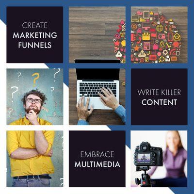 Just a few of the modules in our 20-week Digital Marketing program: Marketing Funnels,  Content Writing, Multimedia Marketing, SEO, Branding