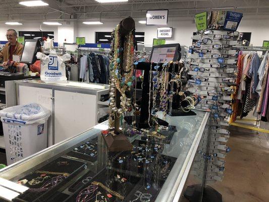 Jewelry & glasses near the front of the store.