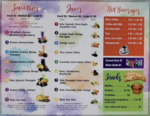 Smoothies, juices, hot beverages, snacks menu