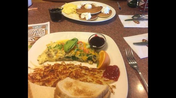 My veggie inlet and his cute pancakes.