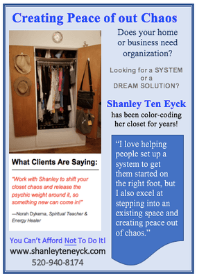 Creating Peace out of Chaos Does your home or business need organization? Looking for a system or a dream solution? I'm here to help.