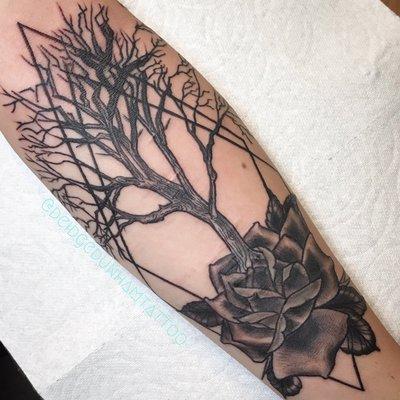 Scar coverup of a tree and rose by Deidge Dunham *||For appointment and availability information please call or text 323-422-5806||*