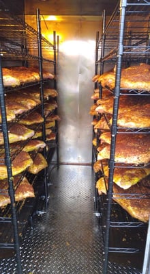 Tons of brisket in the smokehouse for a catering event with over 1,000 guests!