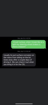 A text message from sales guy telling me that the steering wheel shaking isn't a problem ( Before he blocked me!!!)