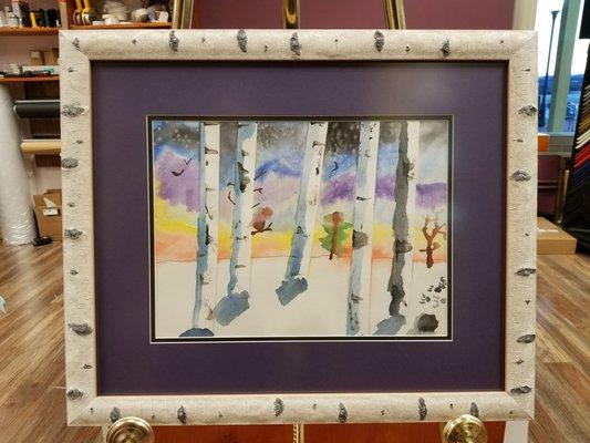 Birch Tree water color painting framed in a birch tree molding