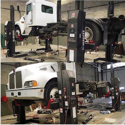 Portable Truck Lifts used in our state of the art facility for lifting Commercial Trucks.