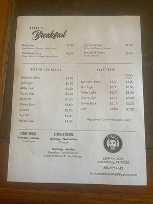 Breakfast and Bar Menu