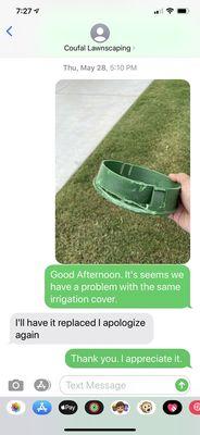 Text message conversation showing that he agreed to replace the cover that was damaged by his lawn mower.