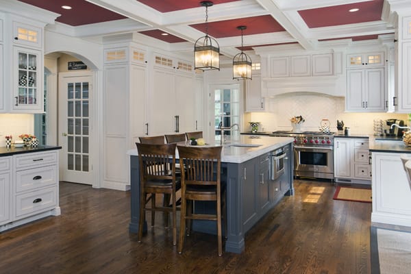 Kitchen with coffered ceiling in Rye