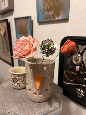 Local pottery and handmade flowers