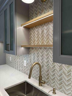 floating shelves, backsplash, custom wet bar