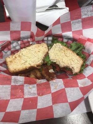 BLT sandwich on fresh ingredients and homage bread. Yum. Had a few bites before taking a picture