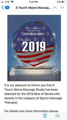 Thank you Bentonville for this honor of best Sports Massage Therapist!