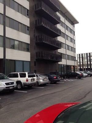 View of United Credit Union and parking lot in the rear.