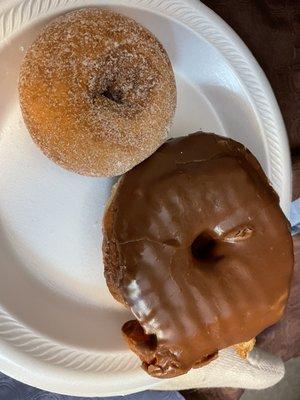 Sugar cake donut and chocolate cake donut (Wednesday was buy a coffee get a free donut day)