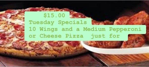 Tuesday pizza and wing special