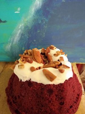 Mini Red Velvet Pound Cake Cream Cheese Frosting topped with Pecans