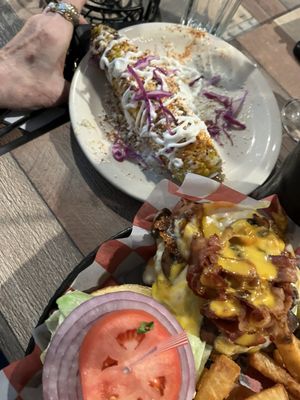 Burger, fries (some of the best I've had), and elote