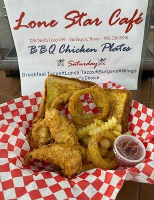 Gotta try our Chick Fried Tenders served with our Crispy Fries and Onion Rings.