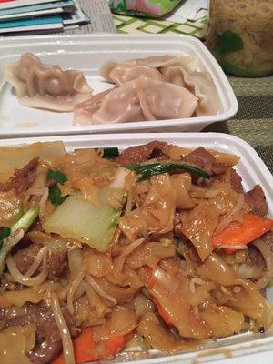 Beef chow mein and steamed dumplings